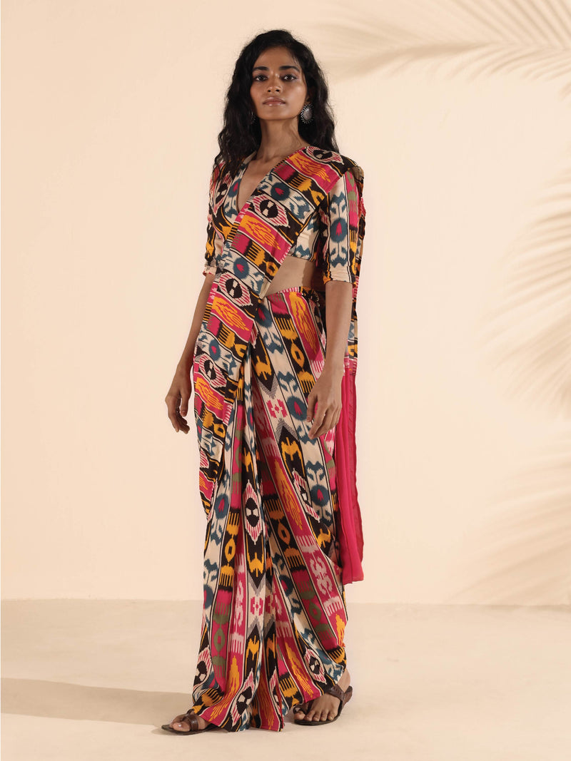 trueBrowns Cola Pink Muslin Ikat Saree