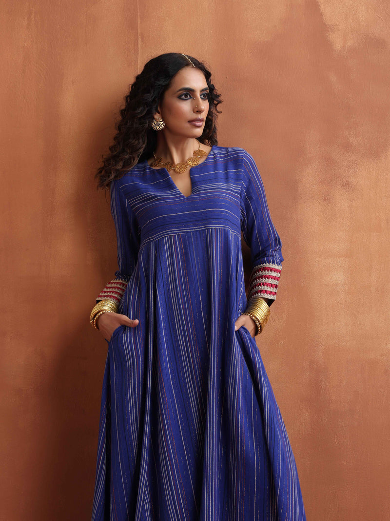 trueBrowns Blue Stripe Flared Anarkali Kurta Set