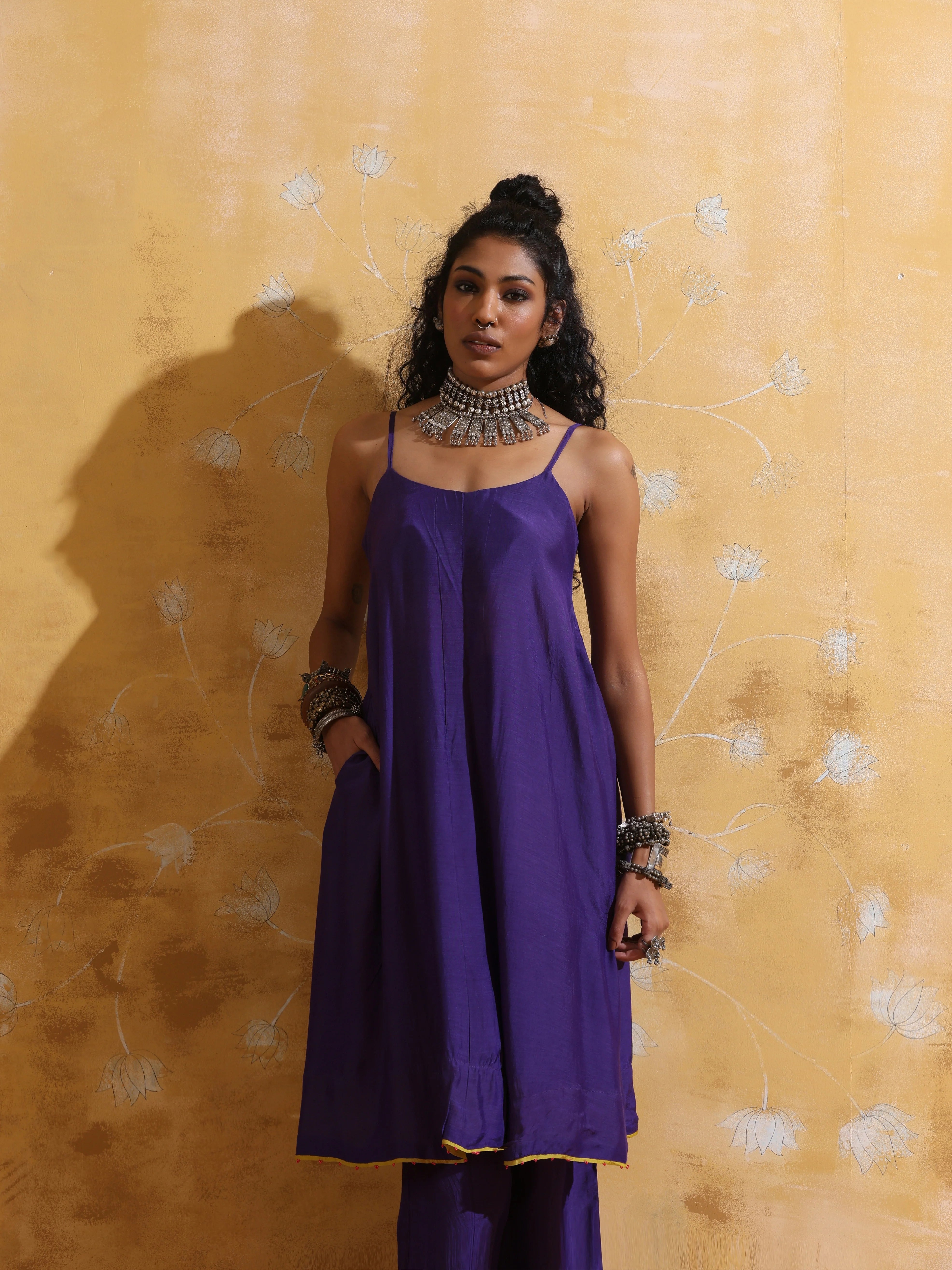 trueBrowns Purple Muslin Silk Flared Kurta Pant Set