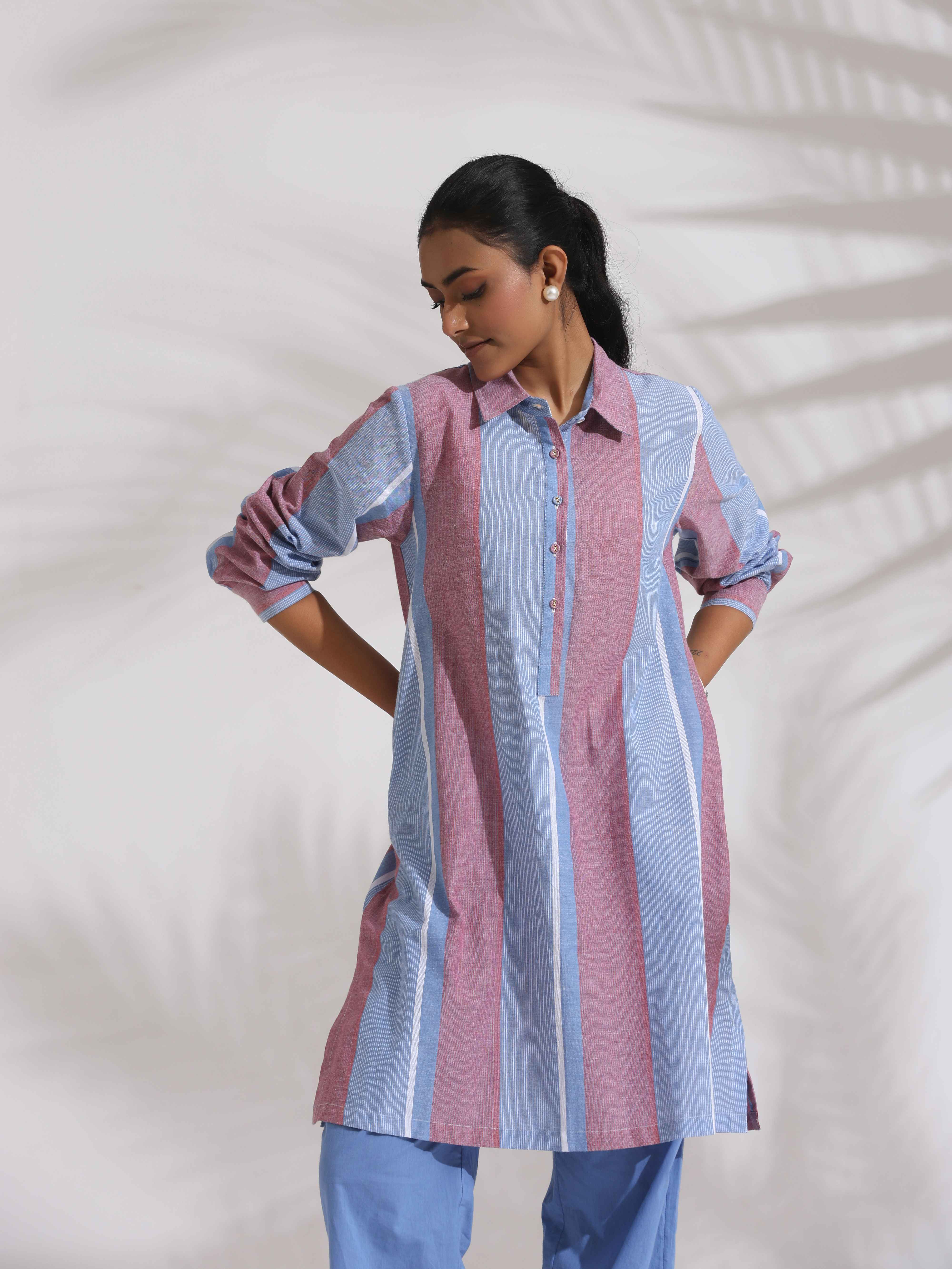 trueBrowns Blue Cotton Stripe Kurta Co-ord Set
