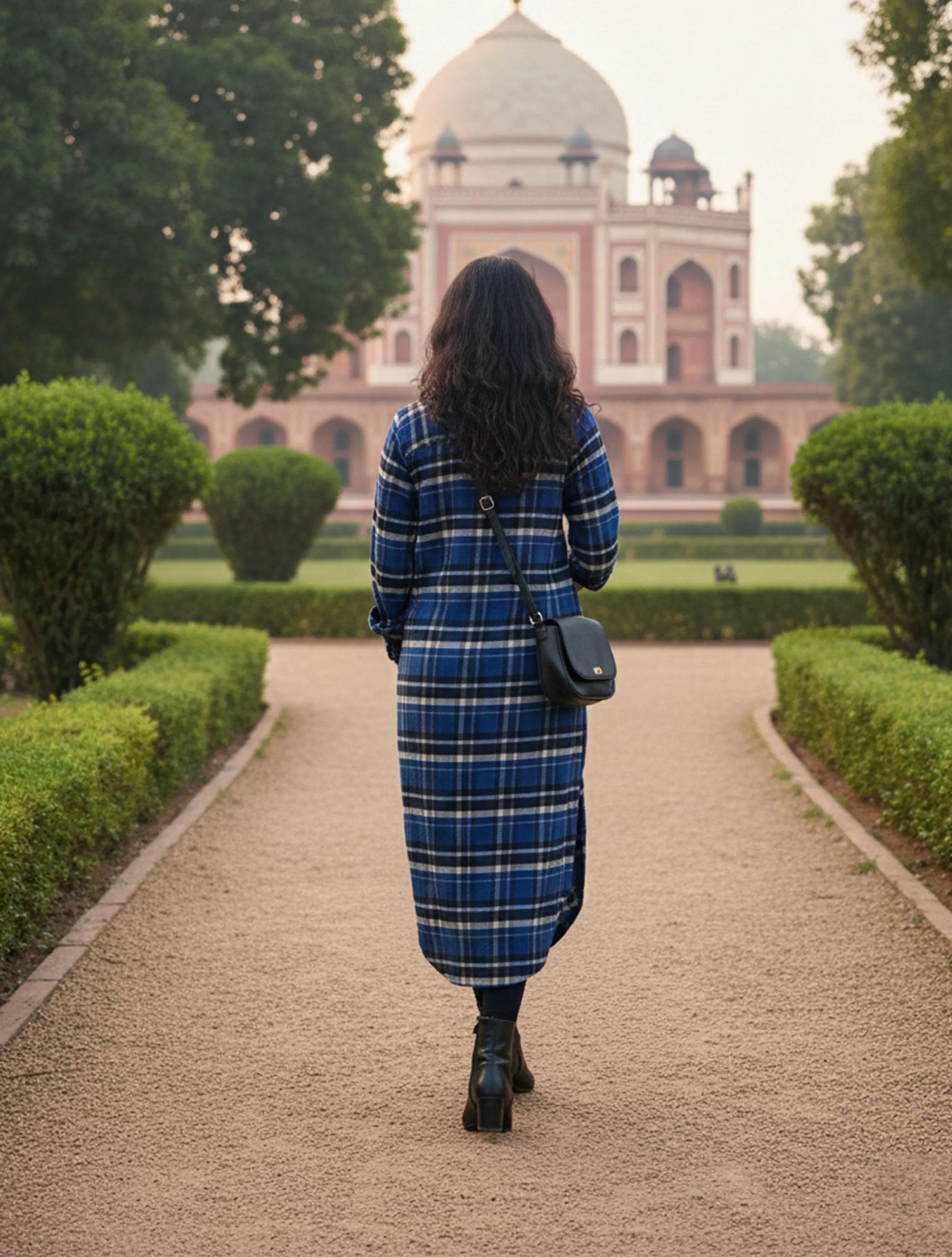 trueBrowns Blue Check Woollen Long Shirt Dress