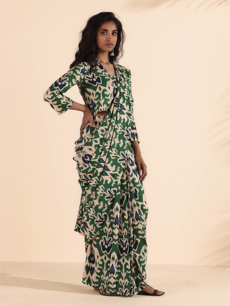 trueBrowns Green Muslin Ikat Saree