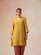 trueBrowns Mustard Gold Foil Print Muslin Silk Kurta Farsi Pants Set