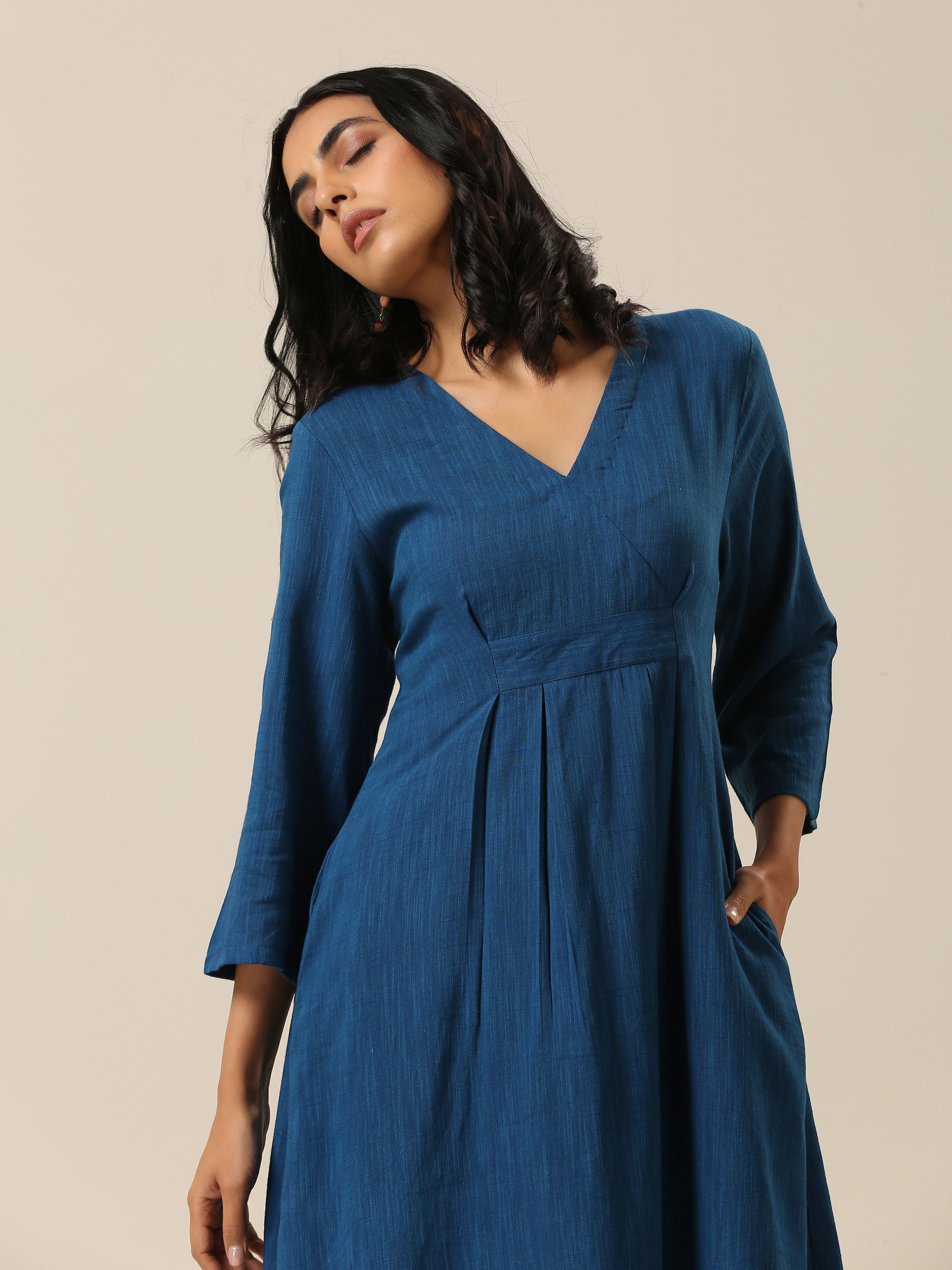 Classic Blue Slub Texture Overlap Pleat Kurta Pant Set