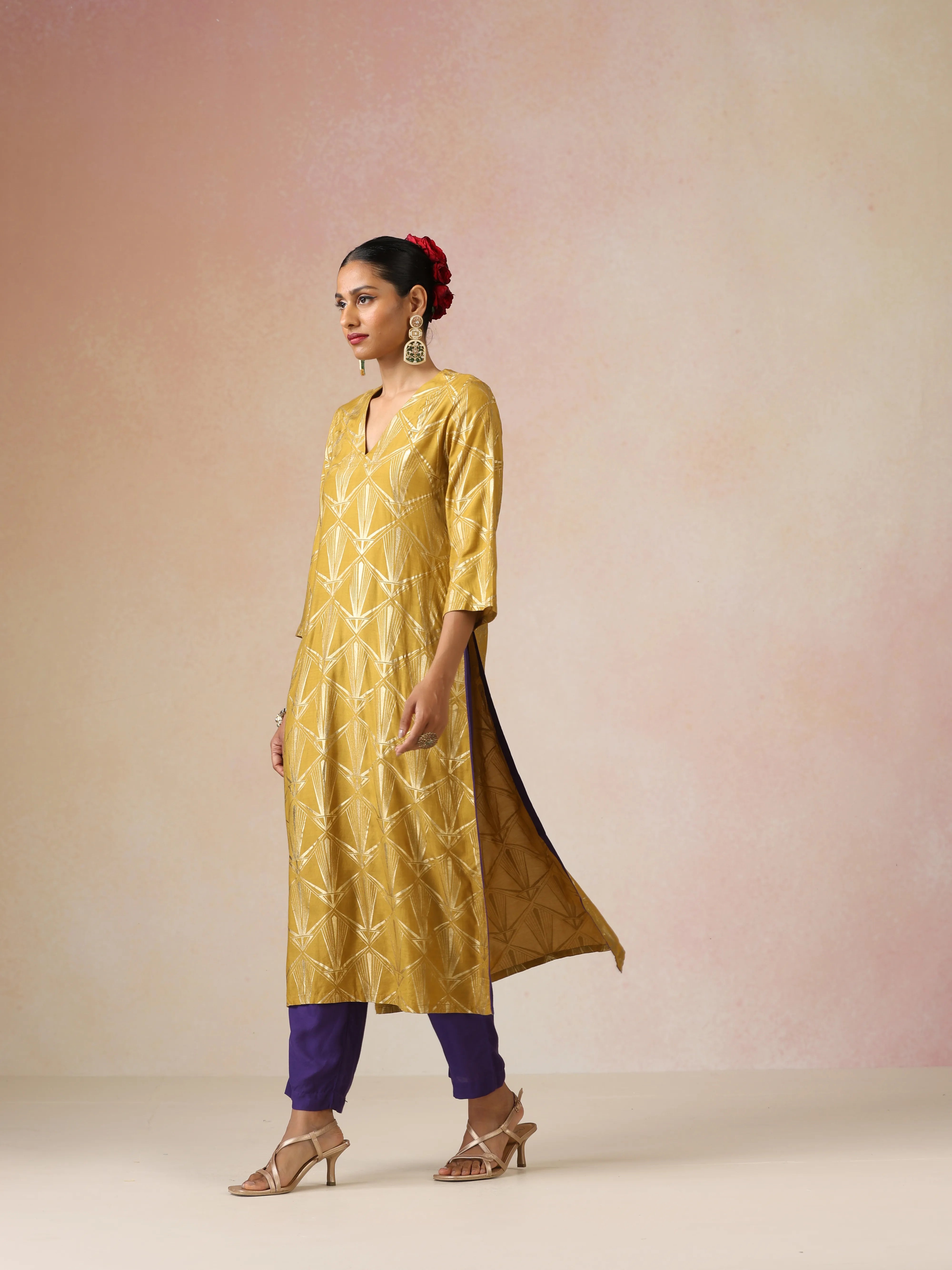 trueBrowns Mustard Gold Foil Print Muslin Silk Straight High-Slit Kurta Set