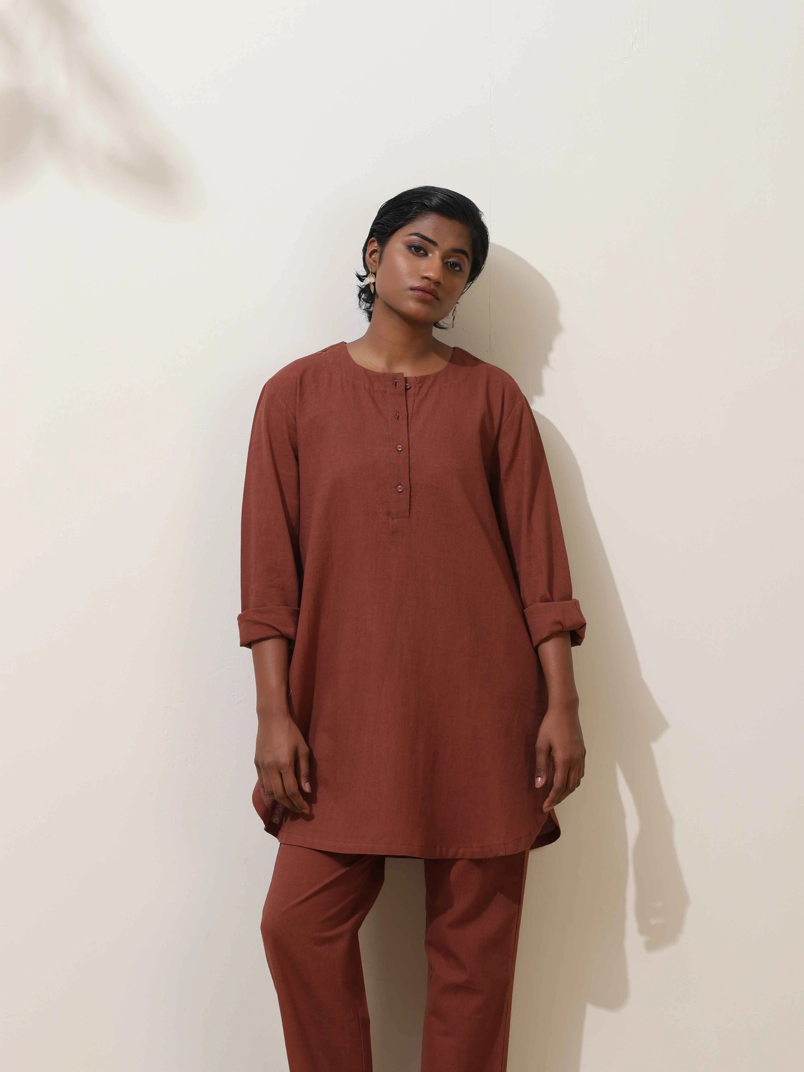 trueBrowns Brown Cotton Linen Kurta Co-Ord Set