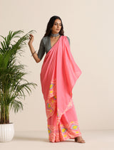 trueBrowns Pink Lime Muslin Ikat Saree