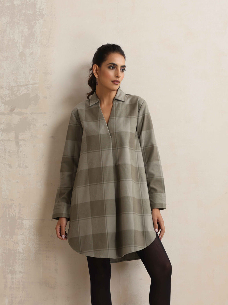 trueBrowns Green Check Pleated Winter Top