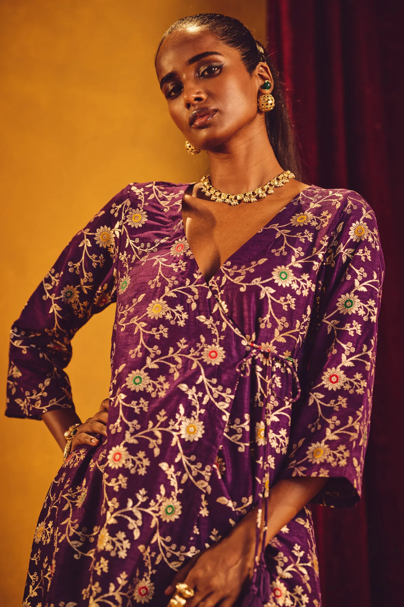  trueBrowns Purple Brocade Angrakha Kurta Set