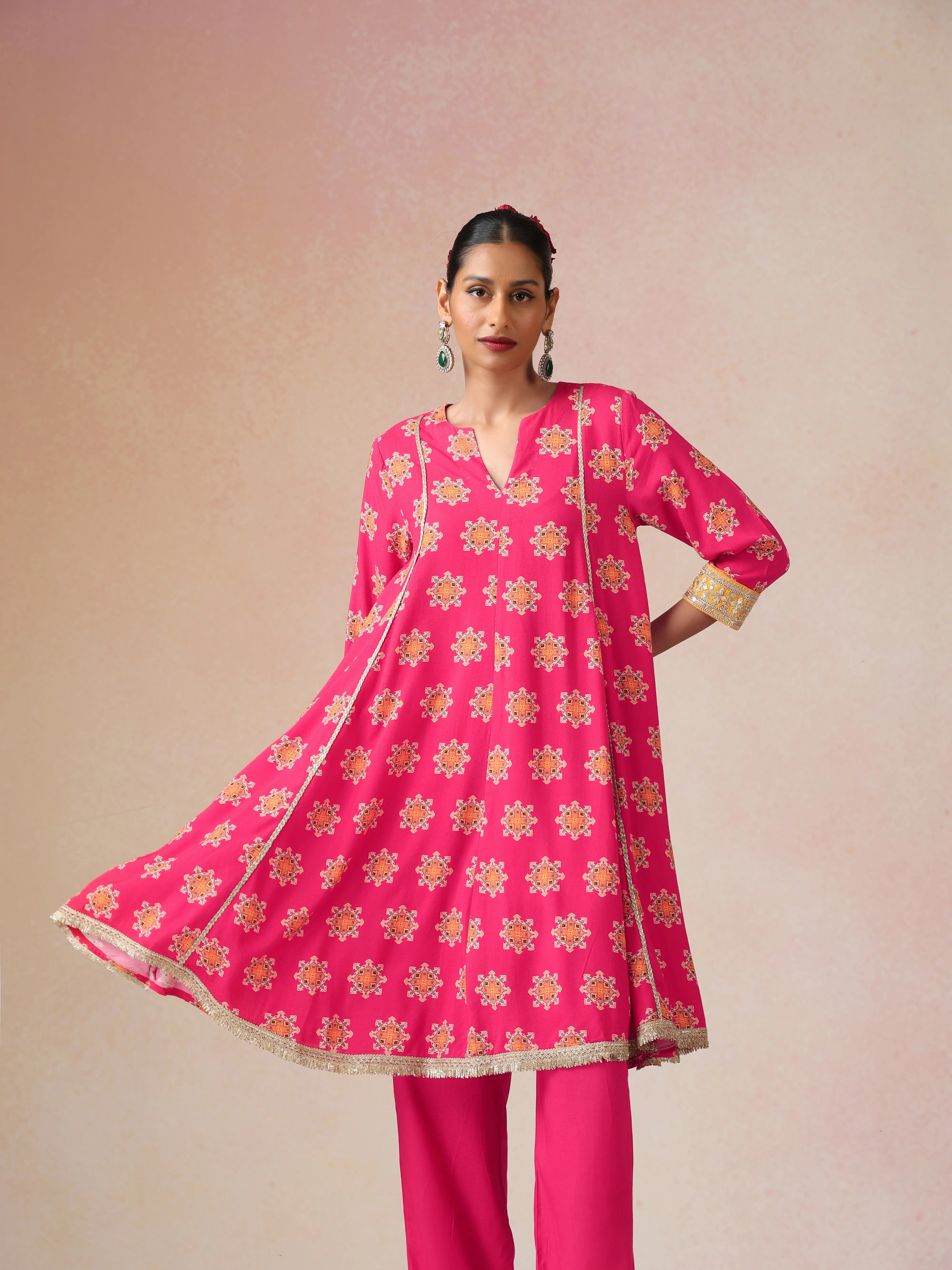 trueBrowns Pink Boota Print Viscose Flared Kurta Co-ord Set