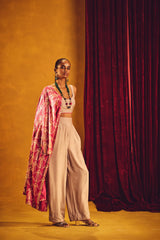 trueBrowns Grey and Pink Gold Foil Print Muslin Silk Jacket Set