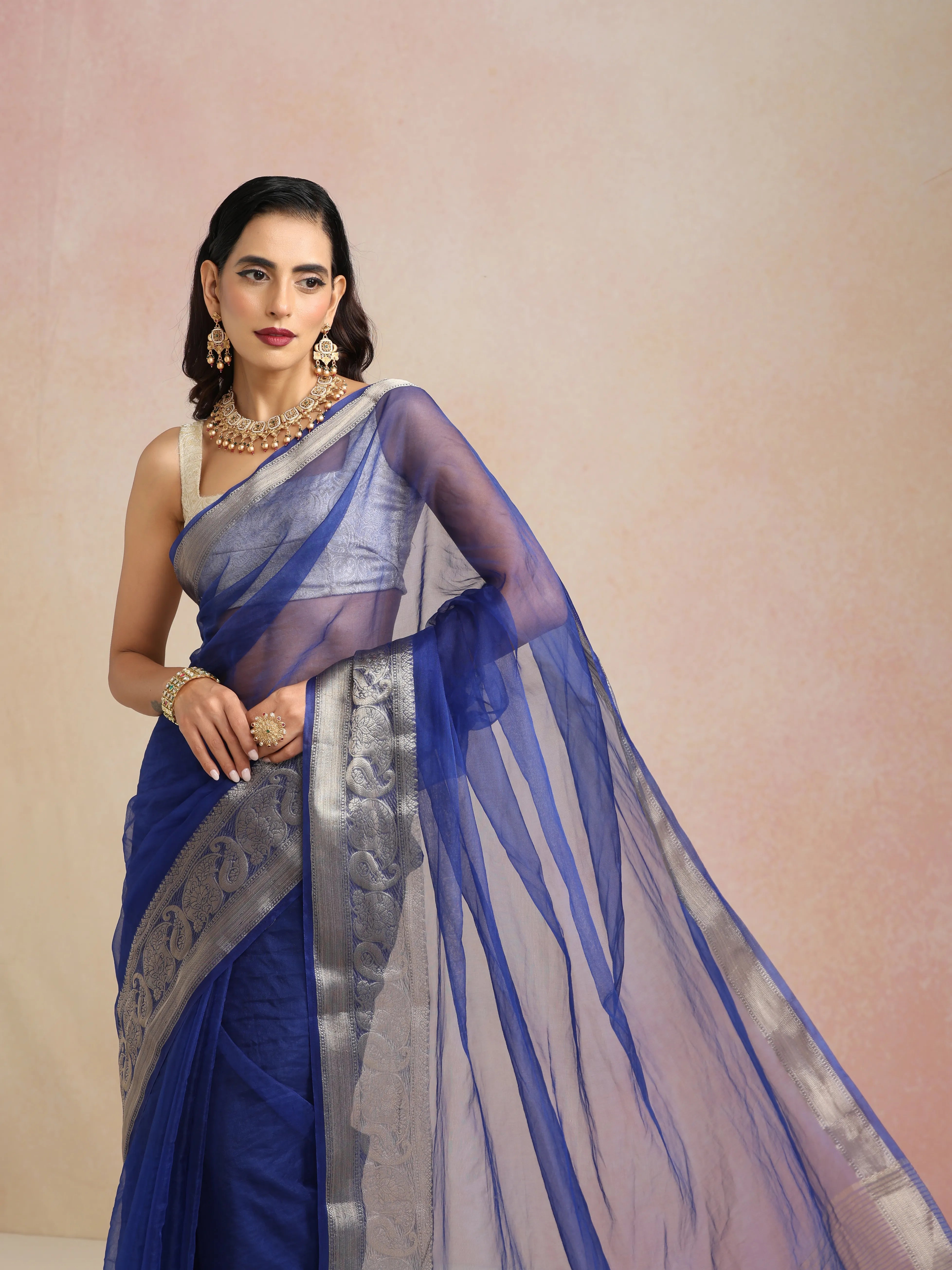 trueBrowns Electric Blue Organza Saree With Unstitched Blouse