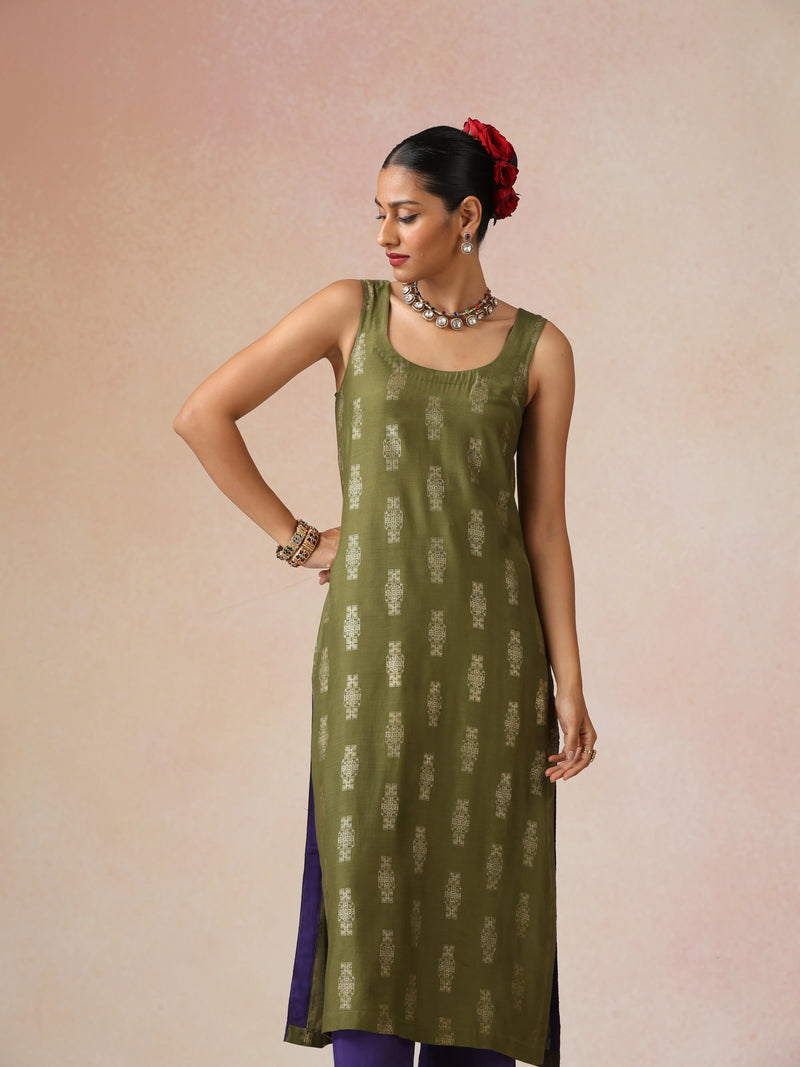 trueBrowns Olive Green Gold Foil Print Muslin Silk Sleeveless Straight Kurta Set