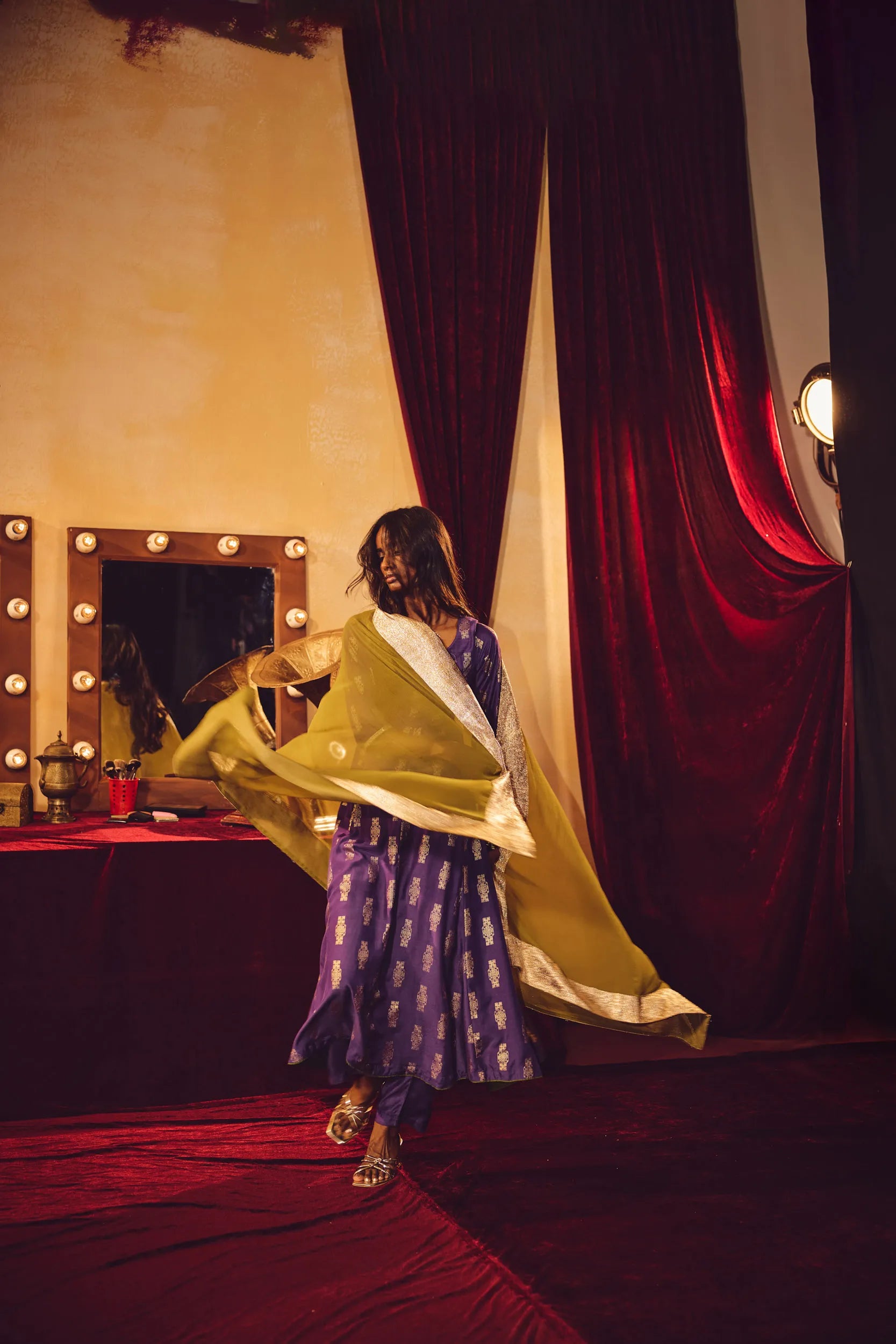 trueBrowns Purple Gold Foil Print Muslin Silk Anarkali Kurta Pants Dupatta Set