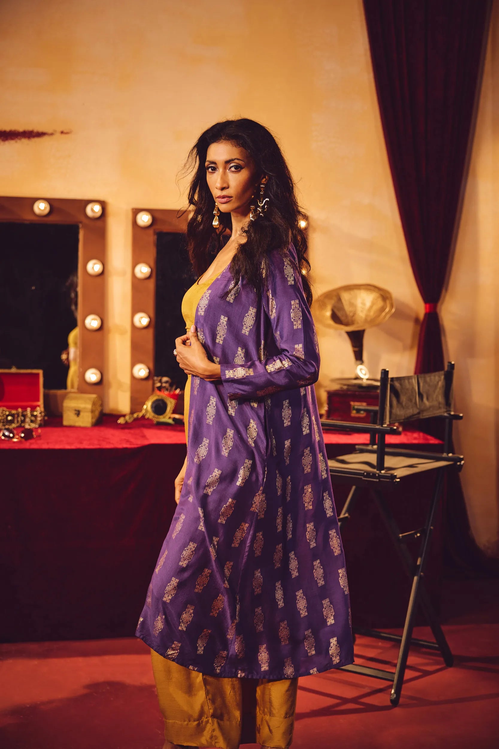 trueBrowns Mustard and Purple Gold Foil Print Muslin Silk Jacket Set