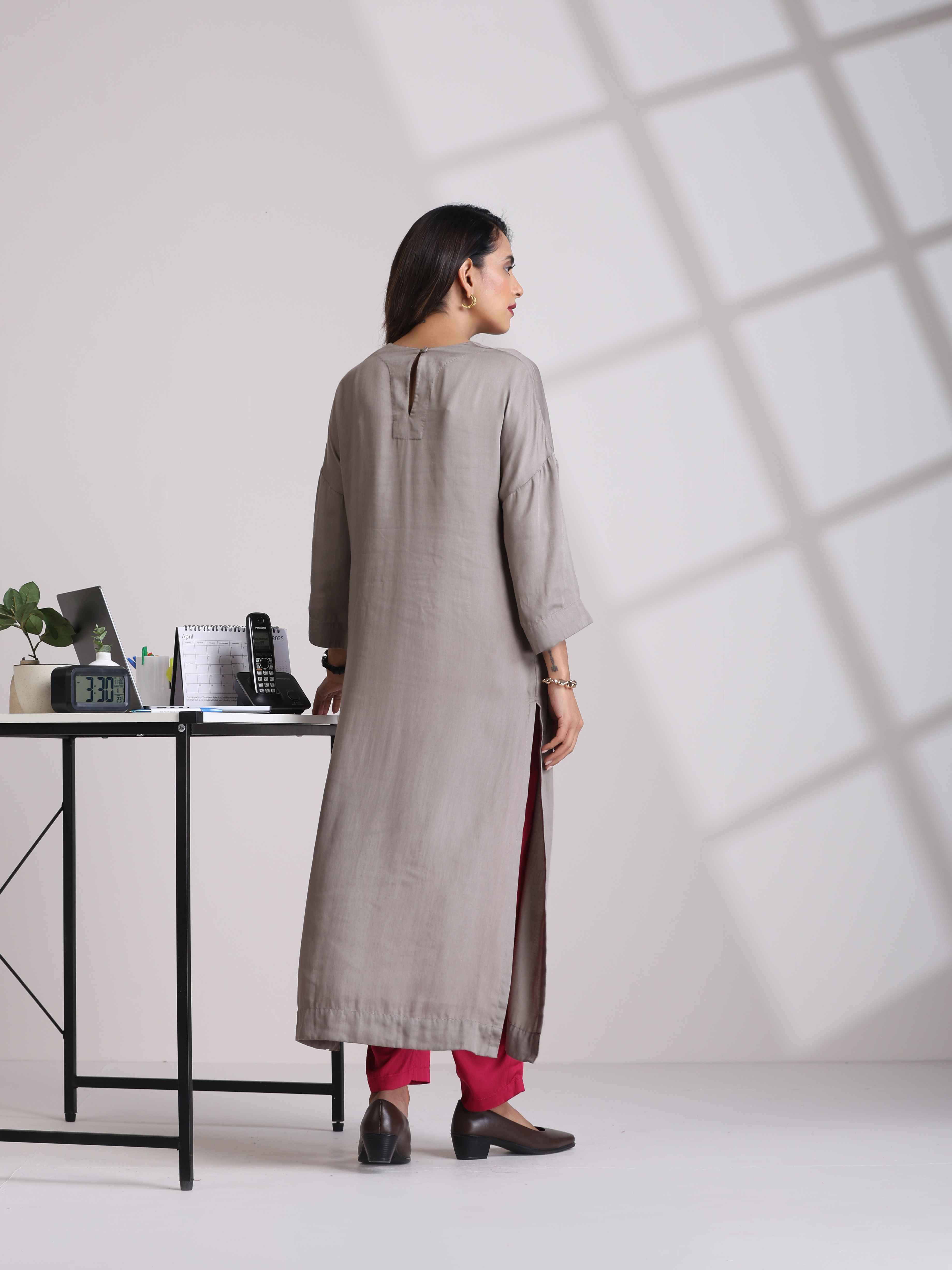 trueBrowns Grey High Slit Modal Kurta Set