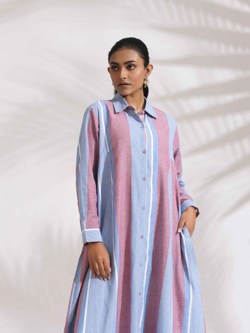 trueBrowns Blue Cotton Stripe Flared Shirt Dress