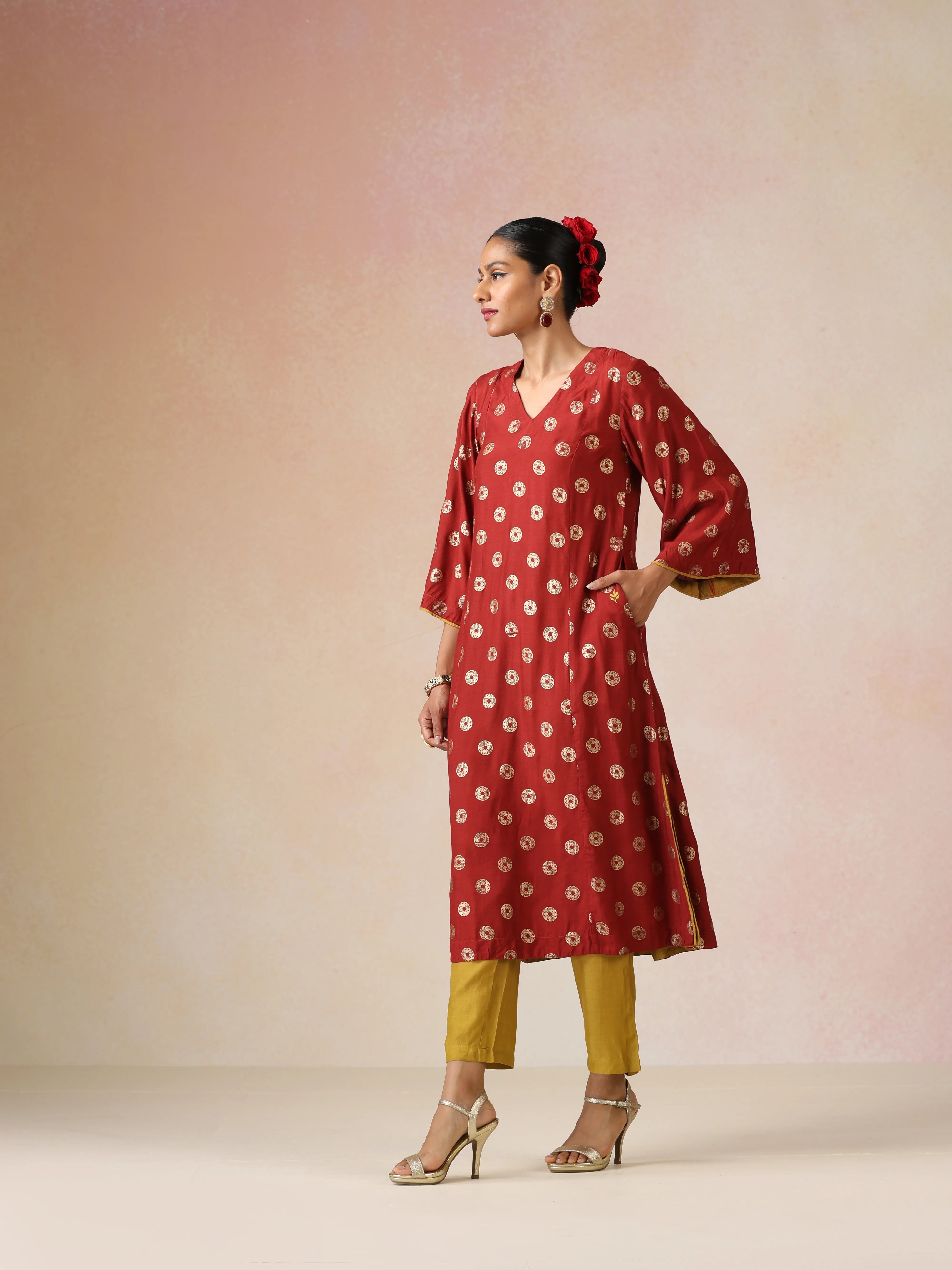 trueBrowns Red Gold Foil Print Muslin Silk A-line Kurta Set