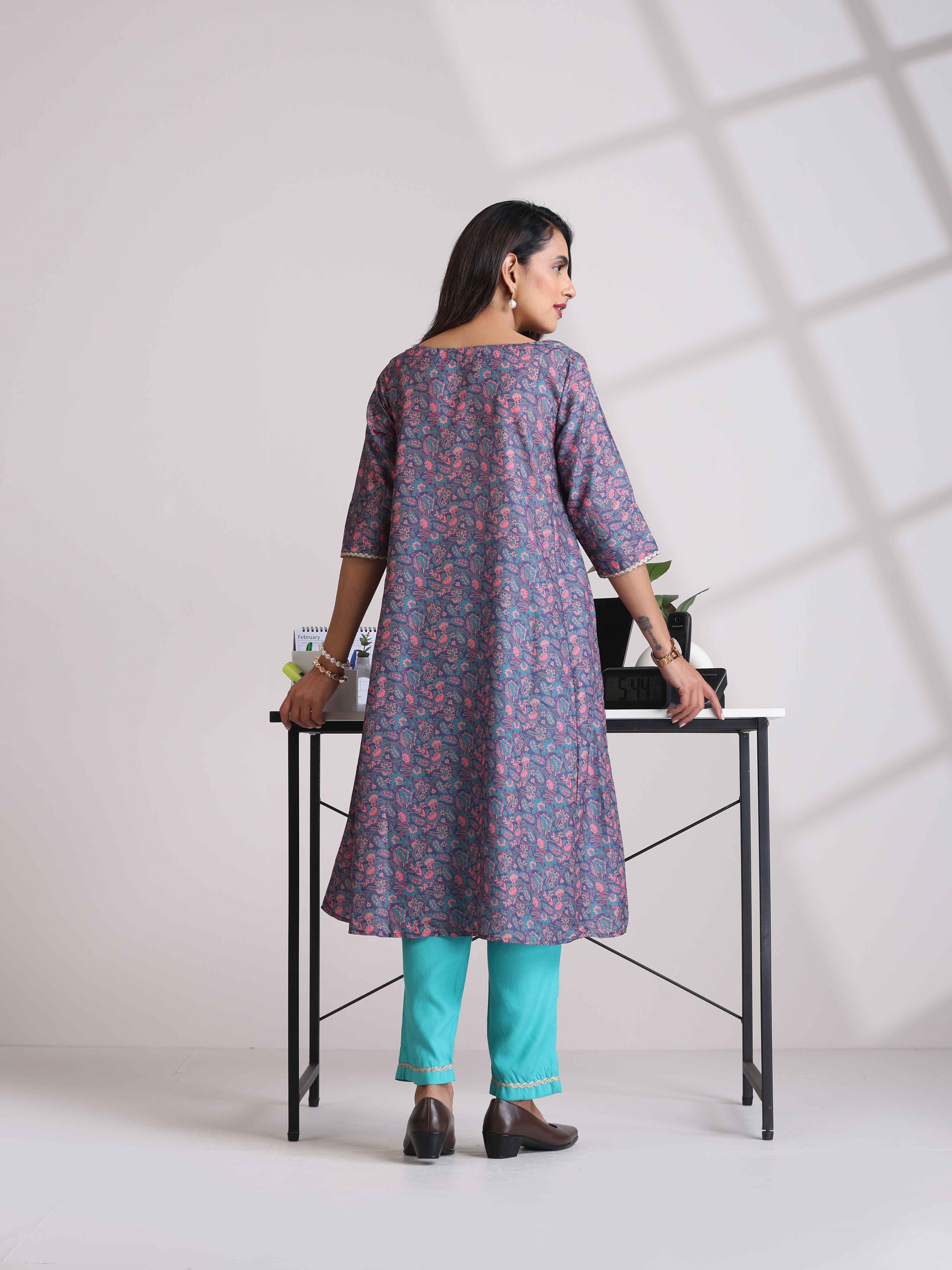 trueBrowns Purple Floral Print A-line Kurta Set