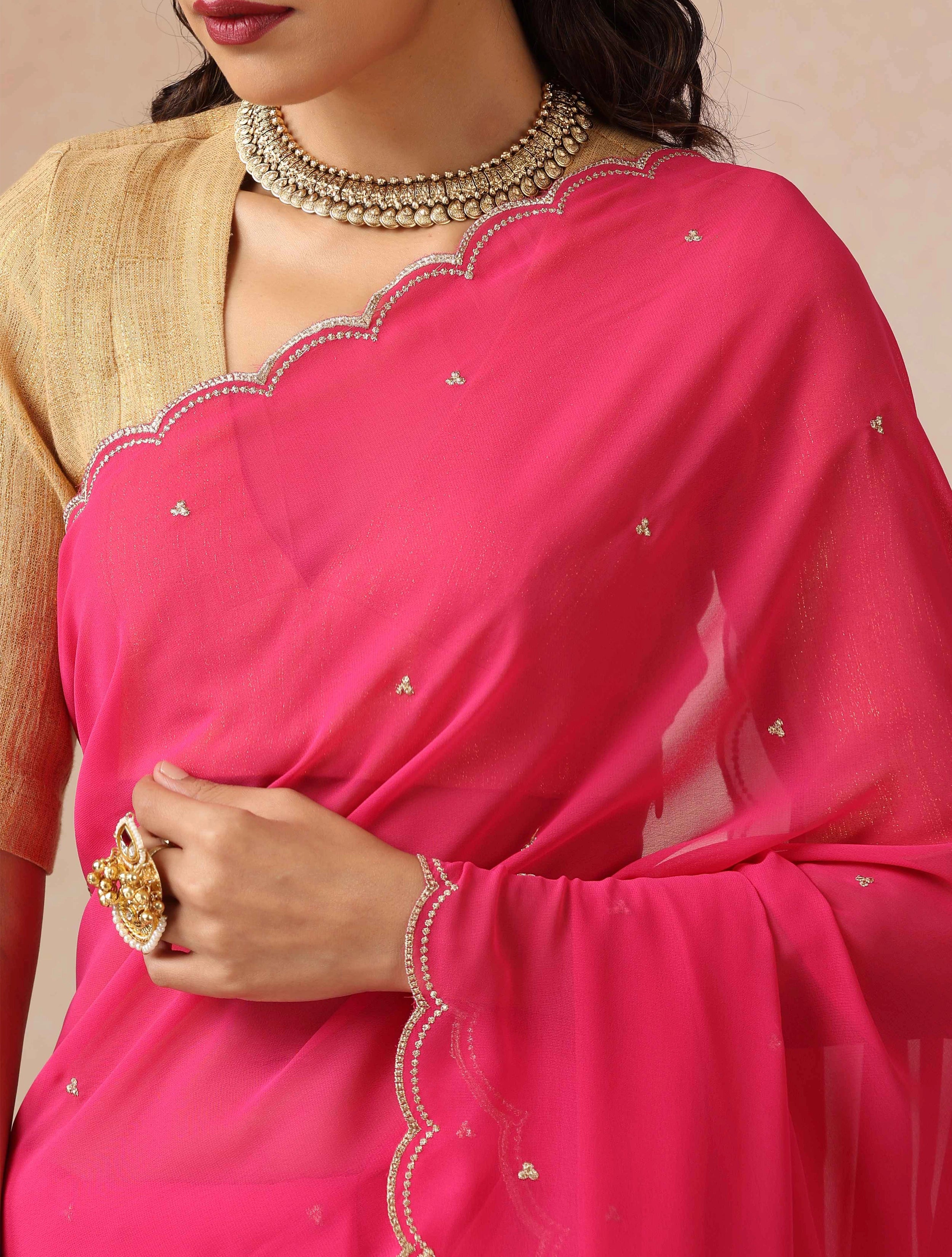 trueBrowns Pink Georgette Embroidered Saree With unstitched Blouse
