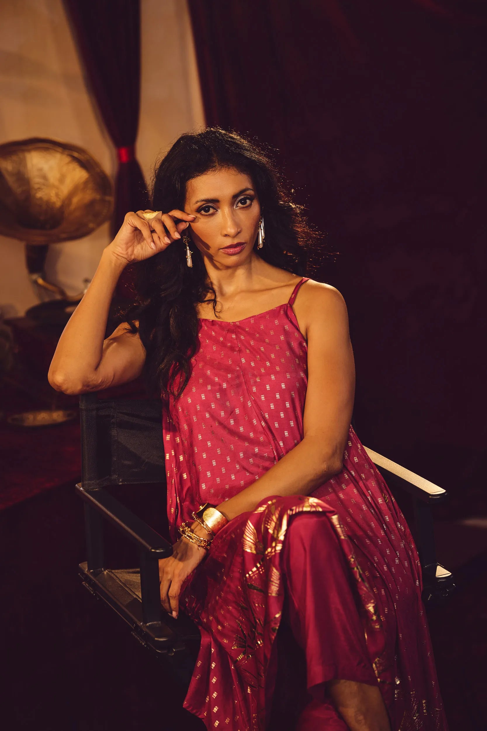 trueBrowns Pink Gold Foil Print Muslin Silk Flared Kurta Set