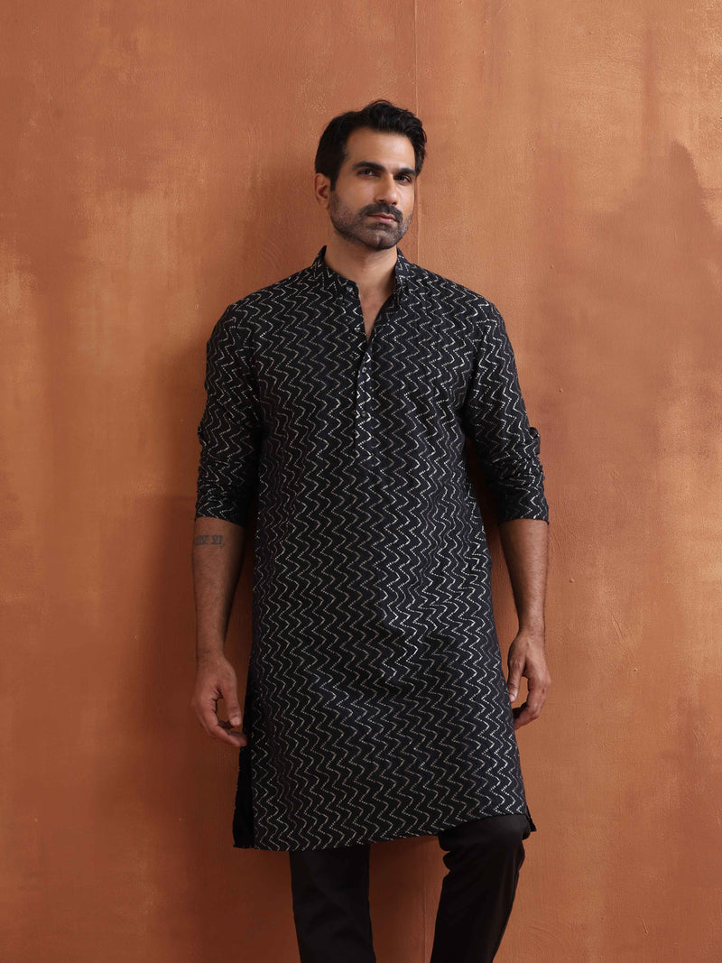 trueBrowns Men's Black Cotton Dobby Kurta