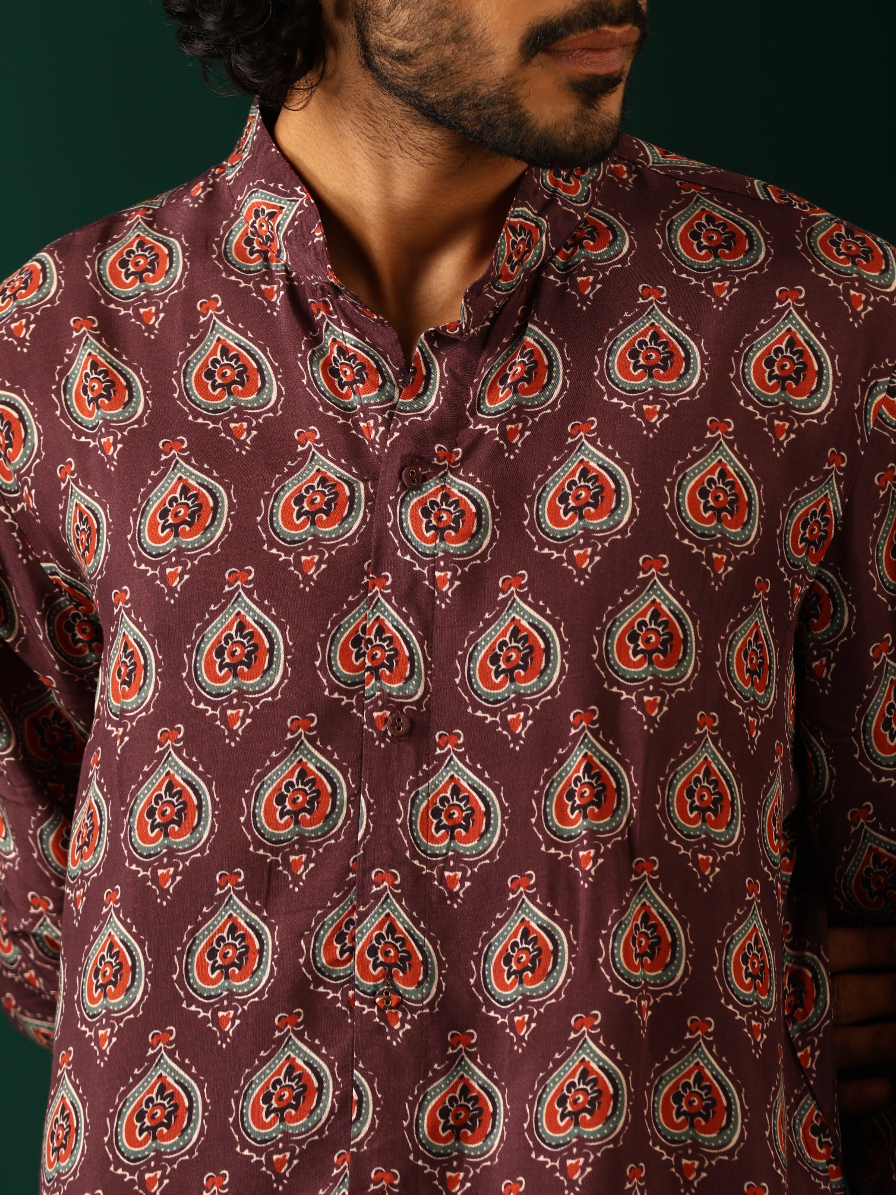 trueBrowns Men's Deep Purple Paan Muslin Silk Printed Co-ord Set