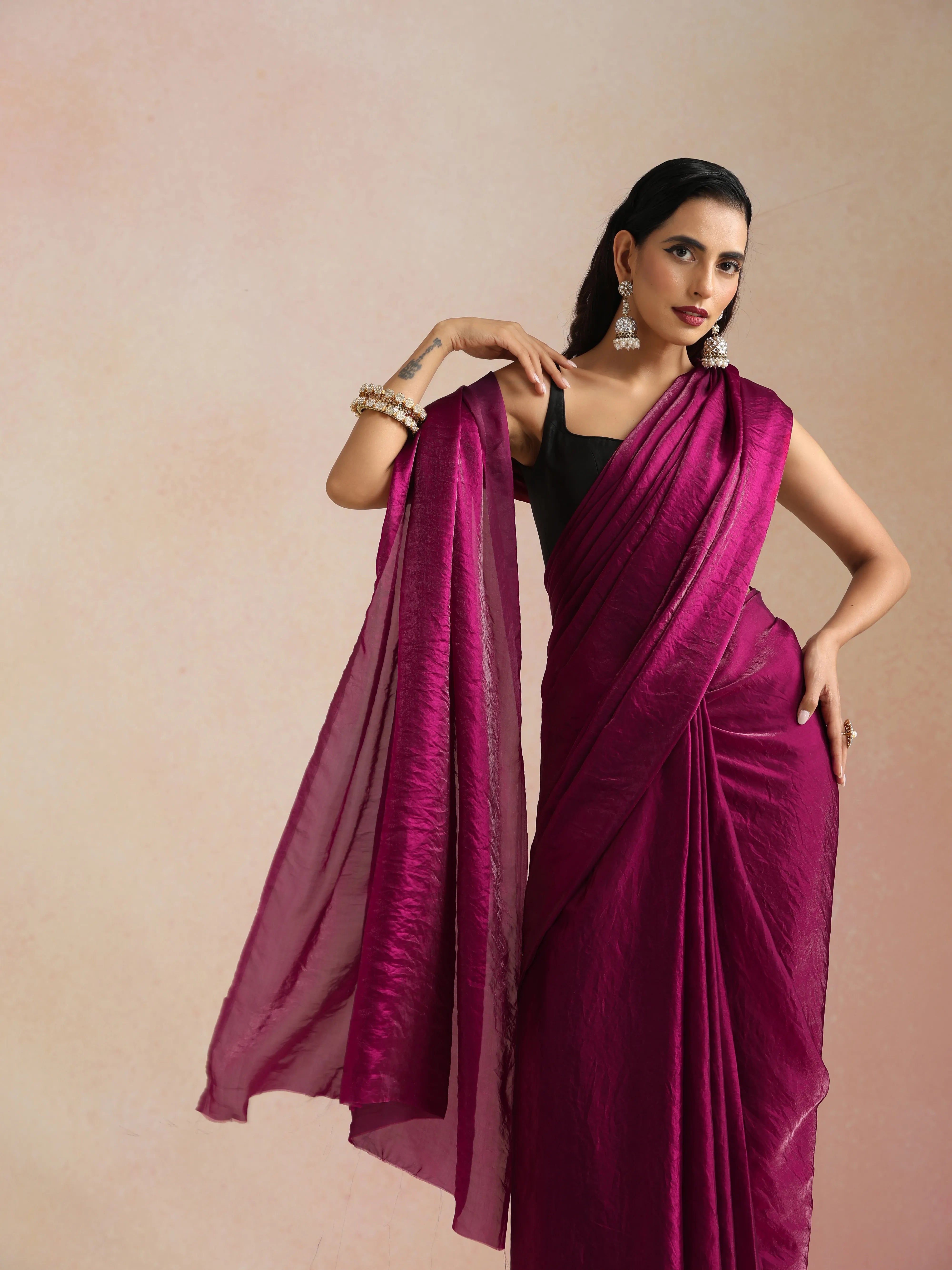 trueBrowns Wine Tissue Saree With Unstitched Blouse