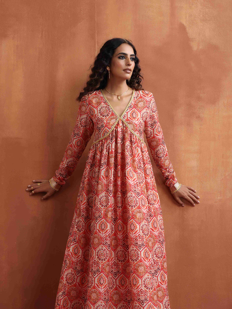 trueBrowns Beige Print Flared Anarkali Kurta Set