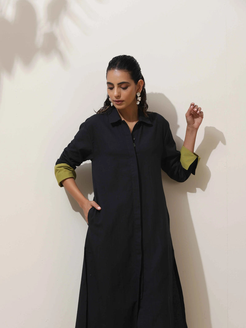 trueBrowns Black Cotton Linen Kurta Pant Set