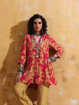 trueBrowns Red Mustard Jaal Print Muslin SIlk A-Line Co-ord Set