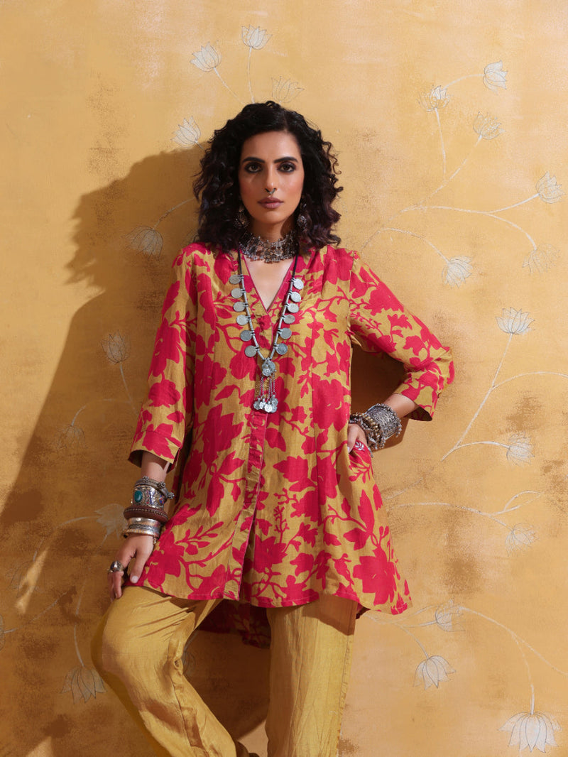 trueBrowns Red Mustard Jaal Print Muslin SIlk A-Line Co-ord Set