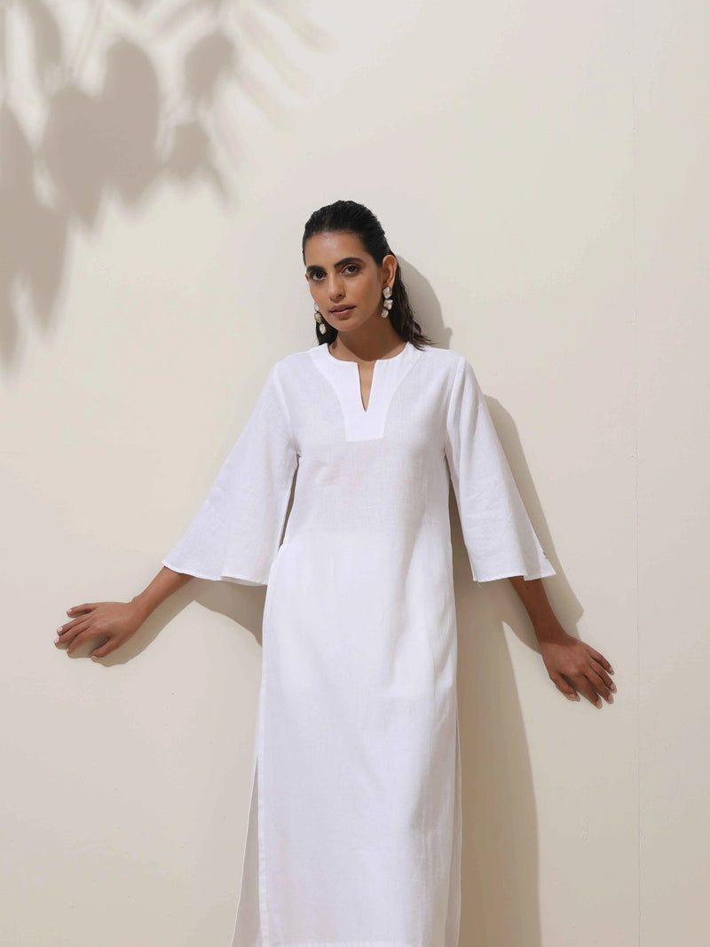 trueBrowns Off White Cotton Linen Angrakha Kurta Pant Set