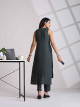trueBrowns Dark Olive Green Cotton Dobby Kurta Set