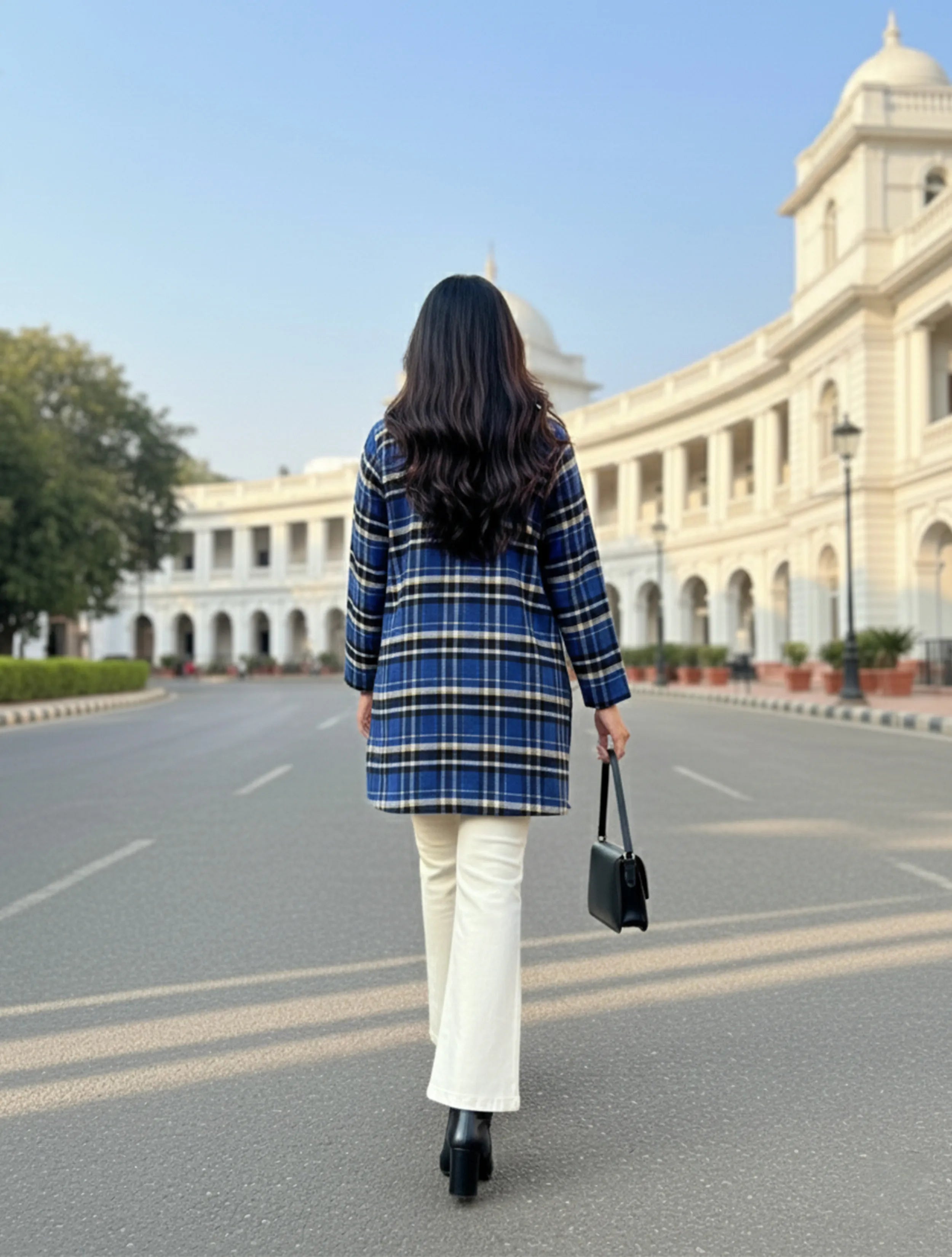 trueBrowns Blue Check Round V-Neck Woollen Top