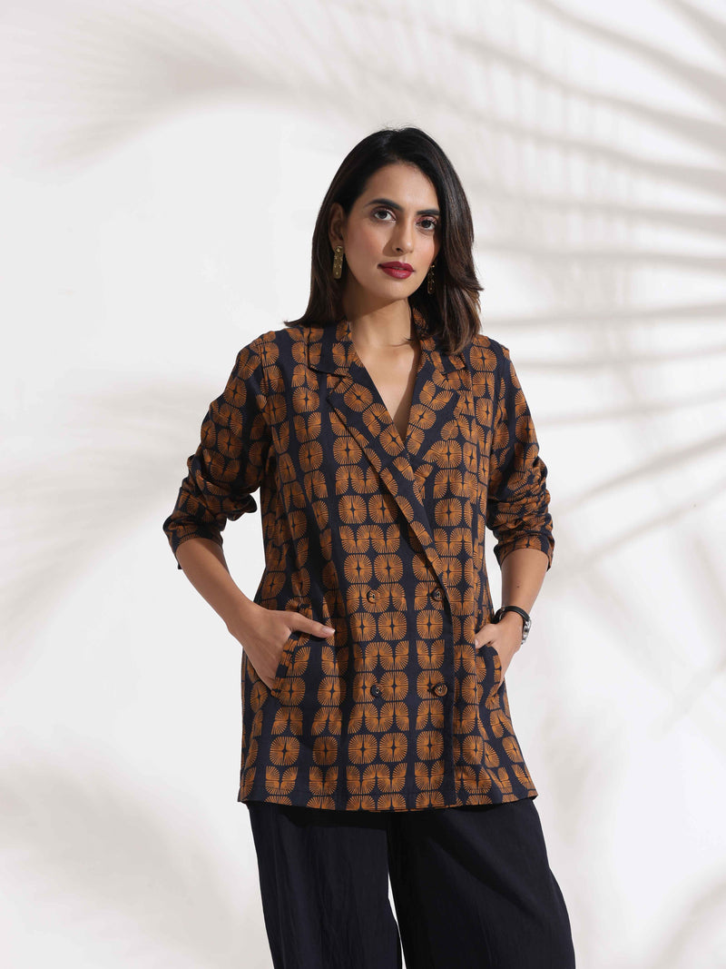 trueBrowns Black Cotton Print Jacket Top Co-ord Set