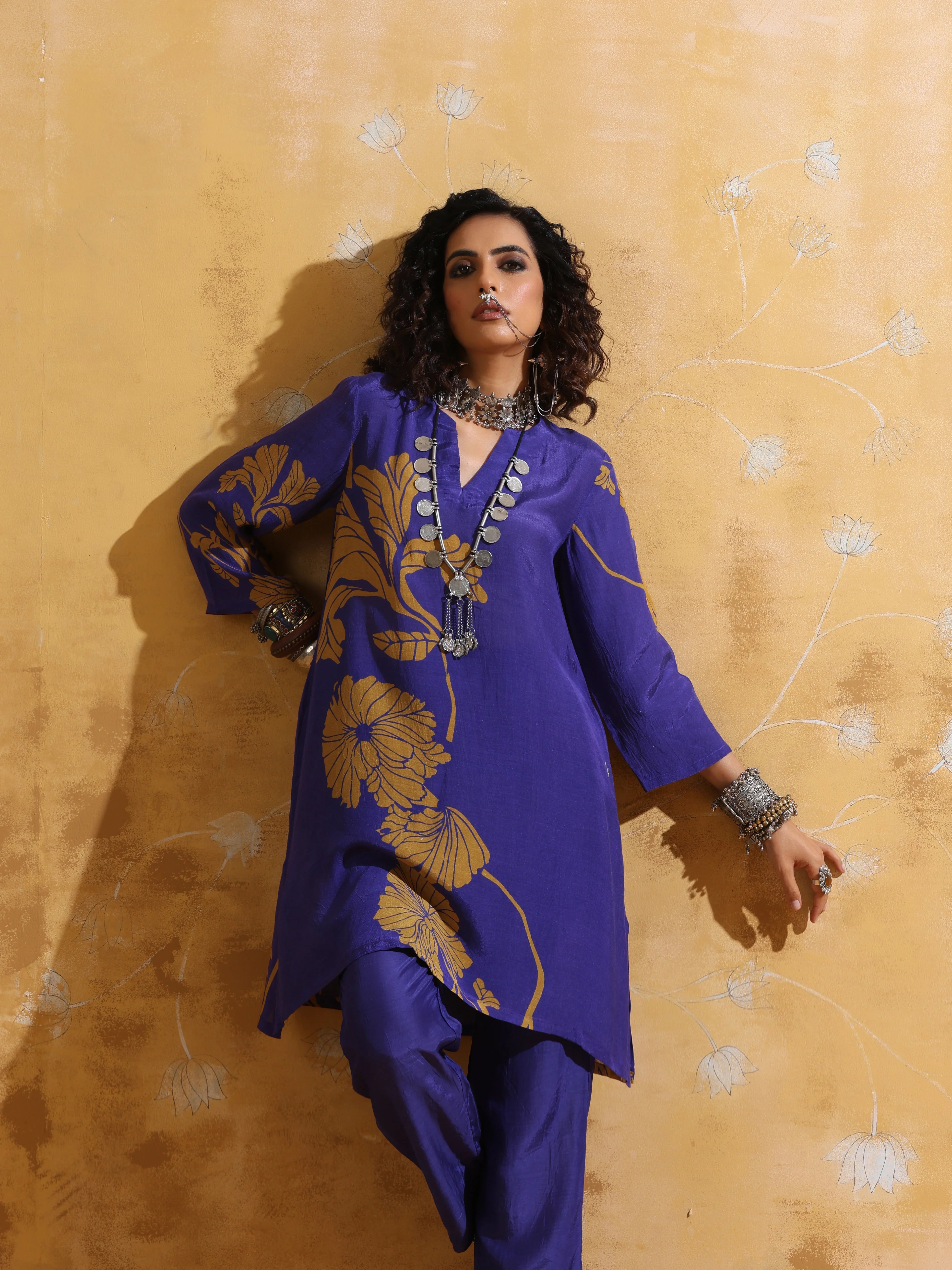 trueBrowns Purple Mustard Floral Print Muslin Silk A-line Kurta Co-ord Set