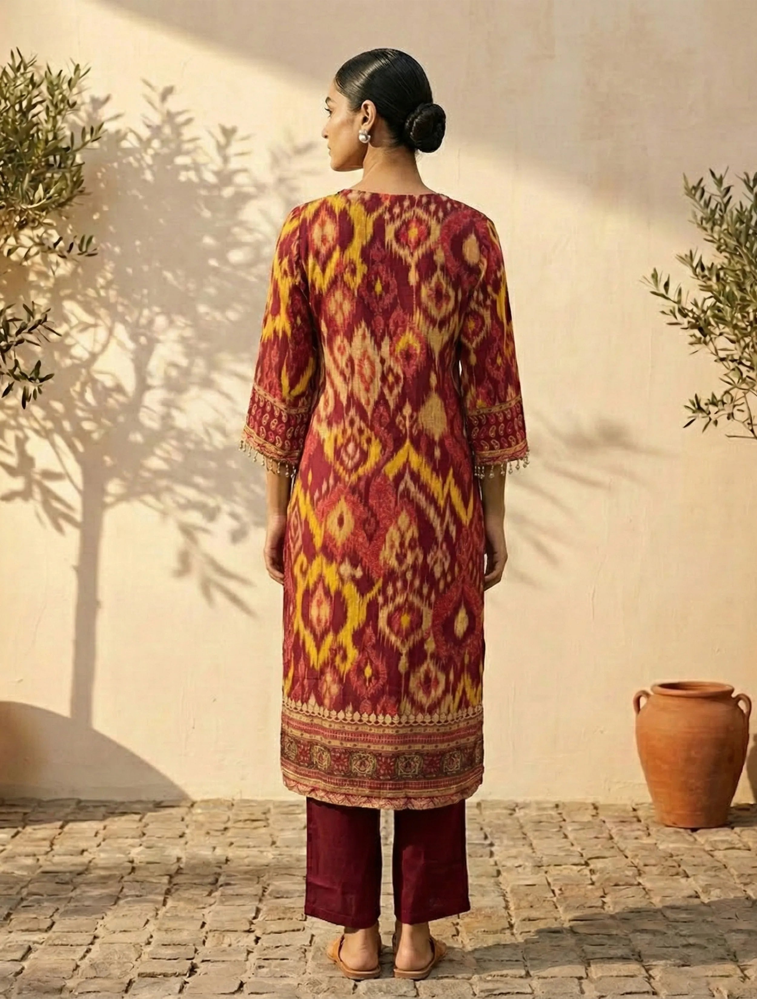 trueBrowns Red Ikat Print Embroidered V-Neck Kurta Pant Dupatta Set