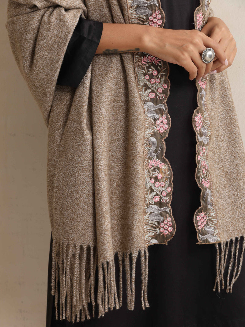 trueBrowns Beige Embroidered Woollen Stole