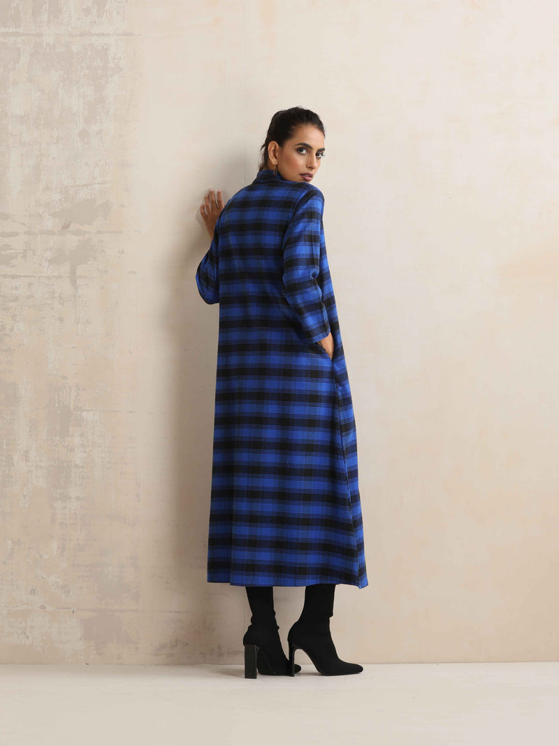 trueBrowns Blue Check Flared Winter Dress