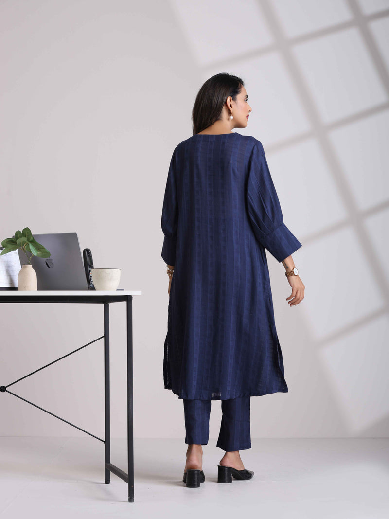 trueBrowns Blue Cotton Dobby Kurta Pant Set