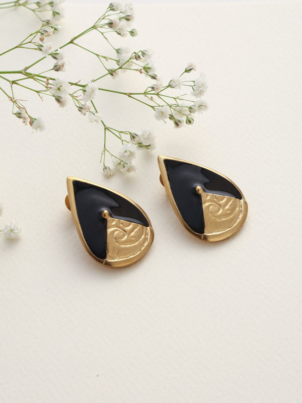 trueBrowns Brass Black Stone Drop Stud Earrings