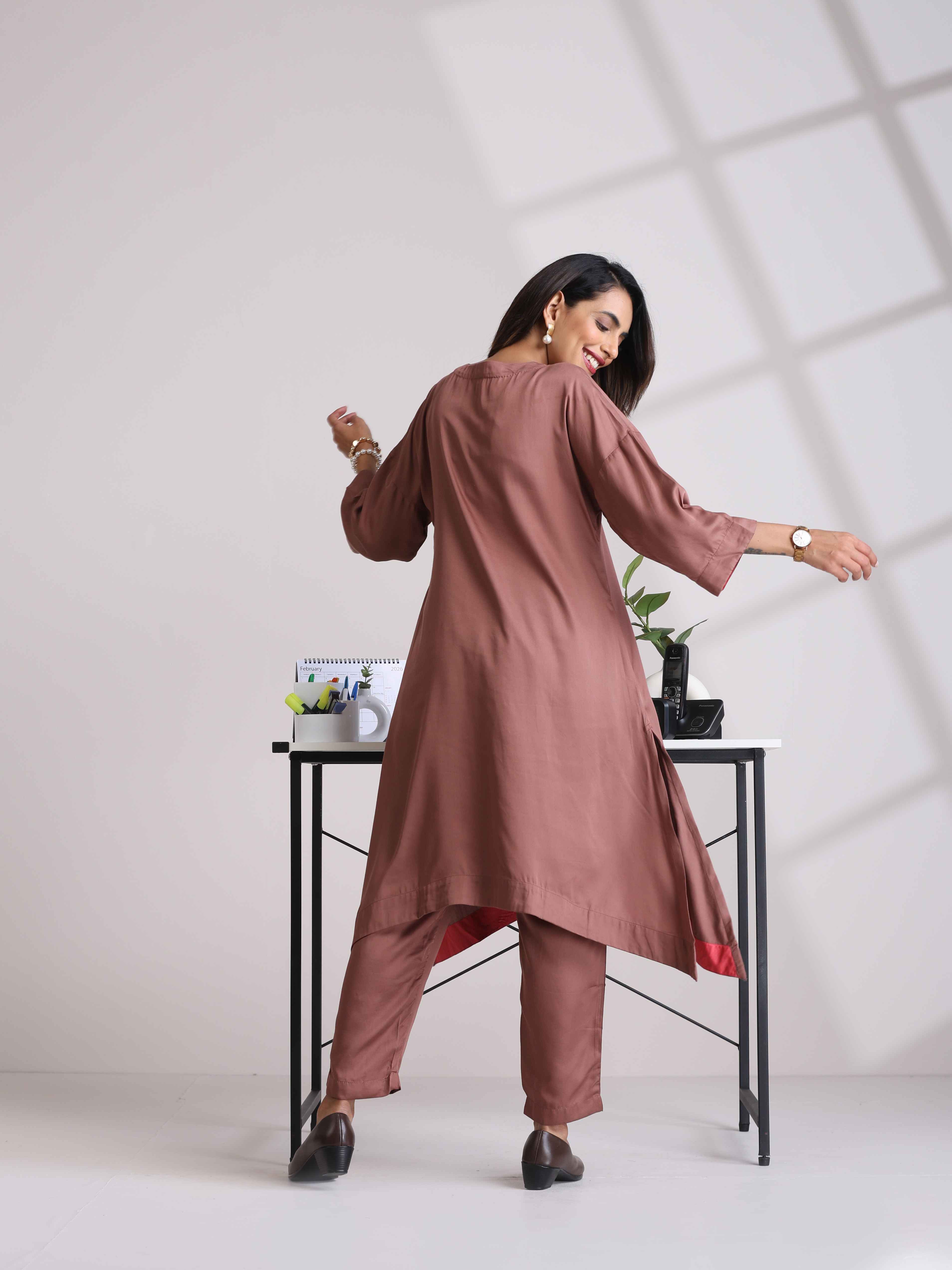 trueBrowns Brown Modal High low Kurta Set