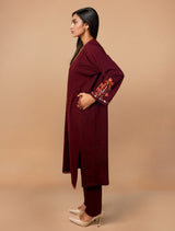 trueBrowns Maroon Embroidered Woollen Phiran Kurta Set