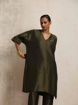 trueBrowns Olive Green Tissue Kurta Co-ord Set