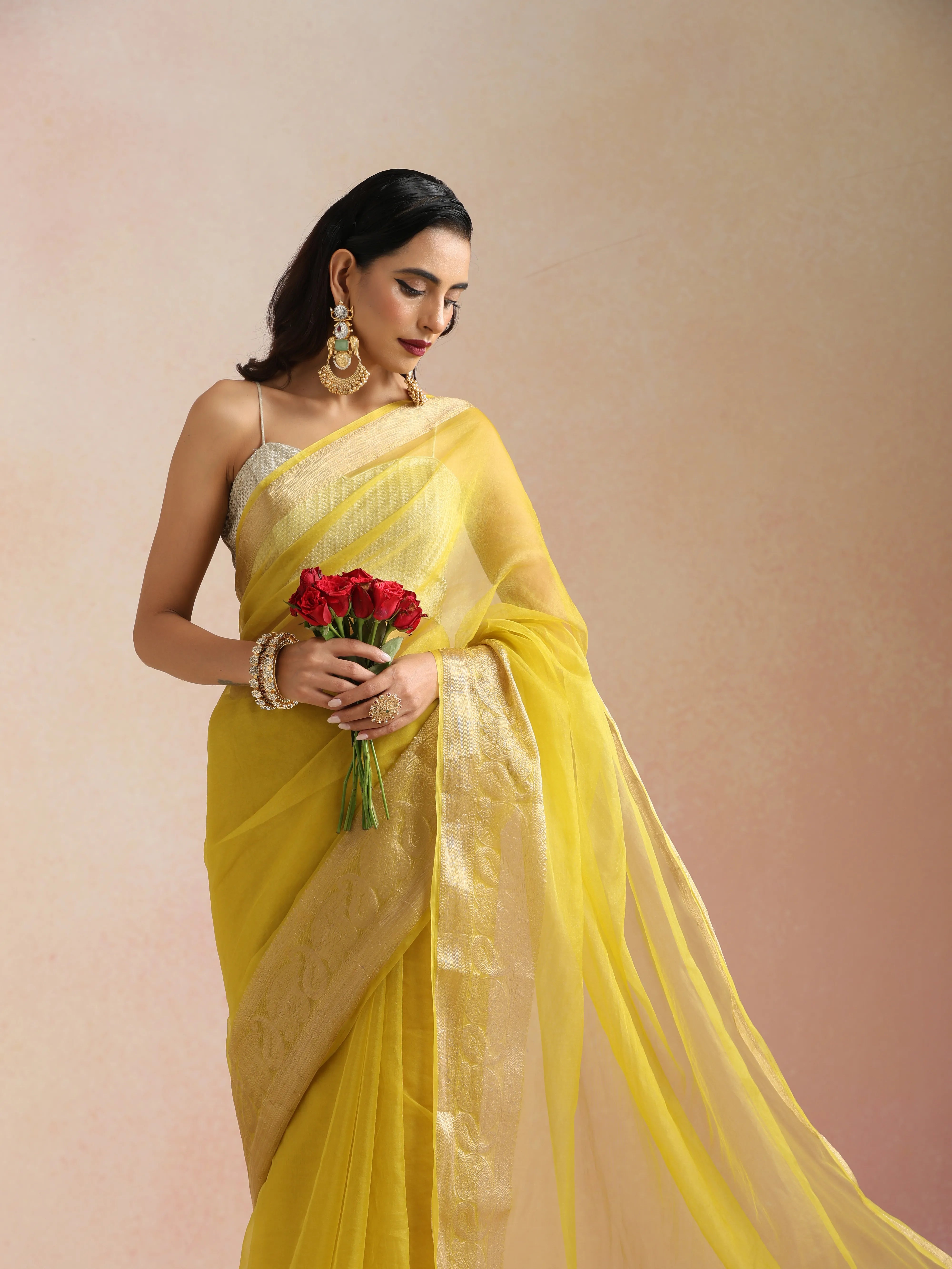 trueBrowns Lime Organza Saree With Unstitched Blouse