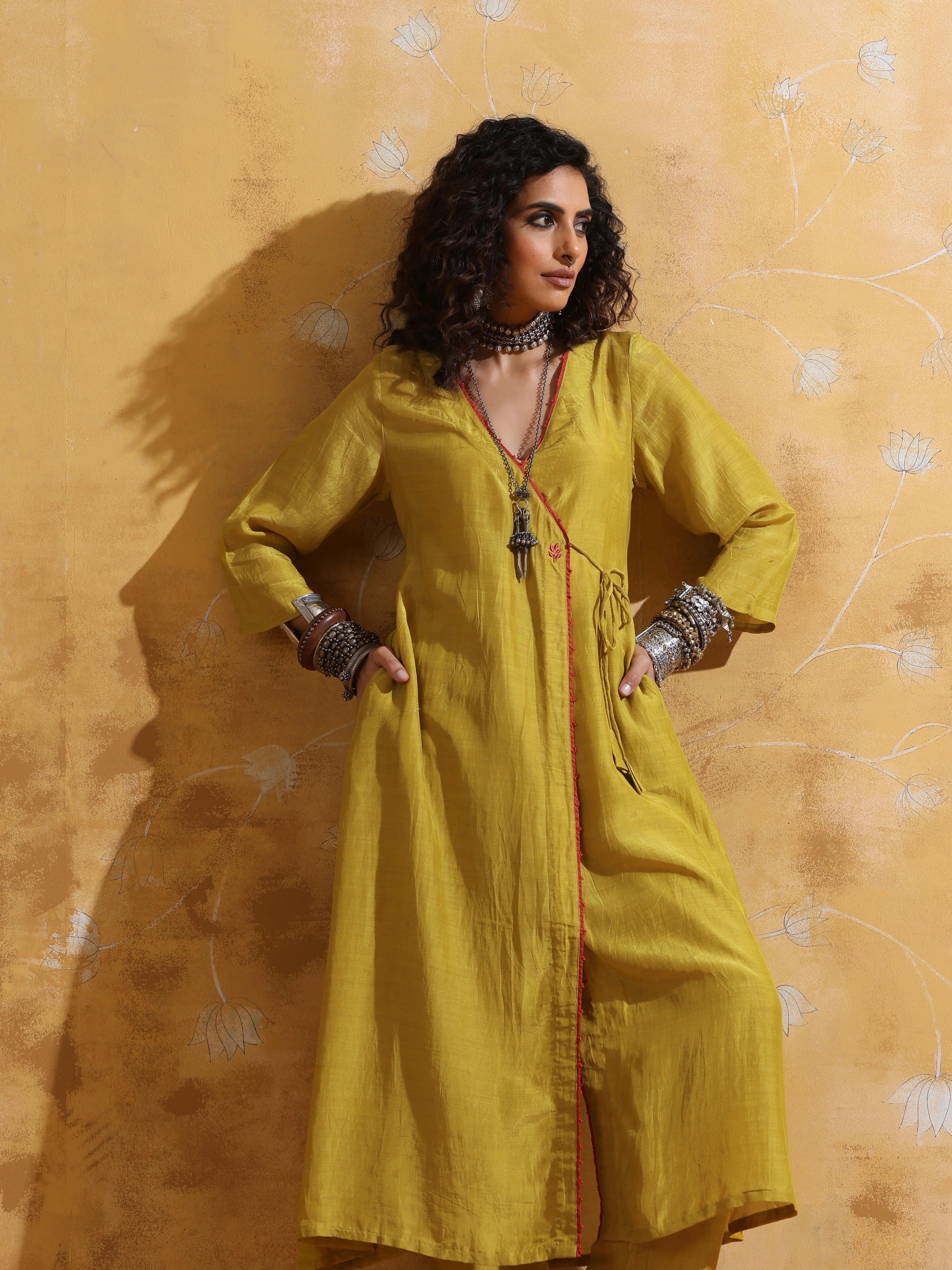 trueBrowns Lime Muslin Silk Angrakha Kurta Pant Set