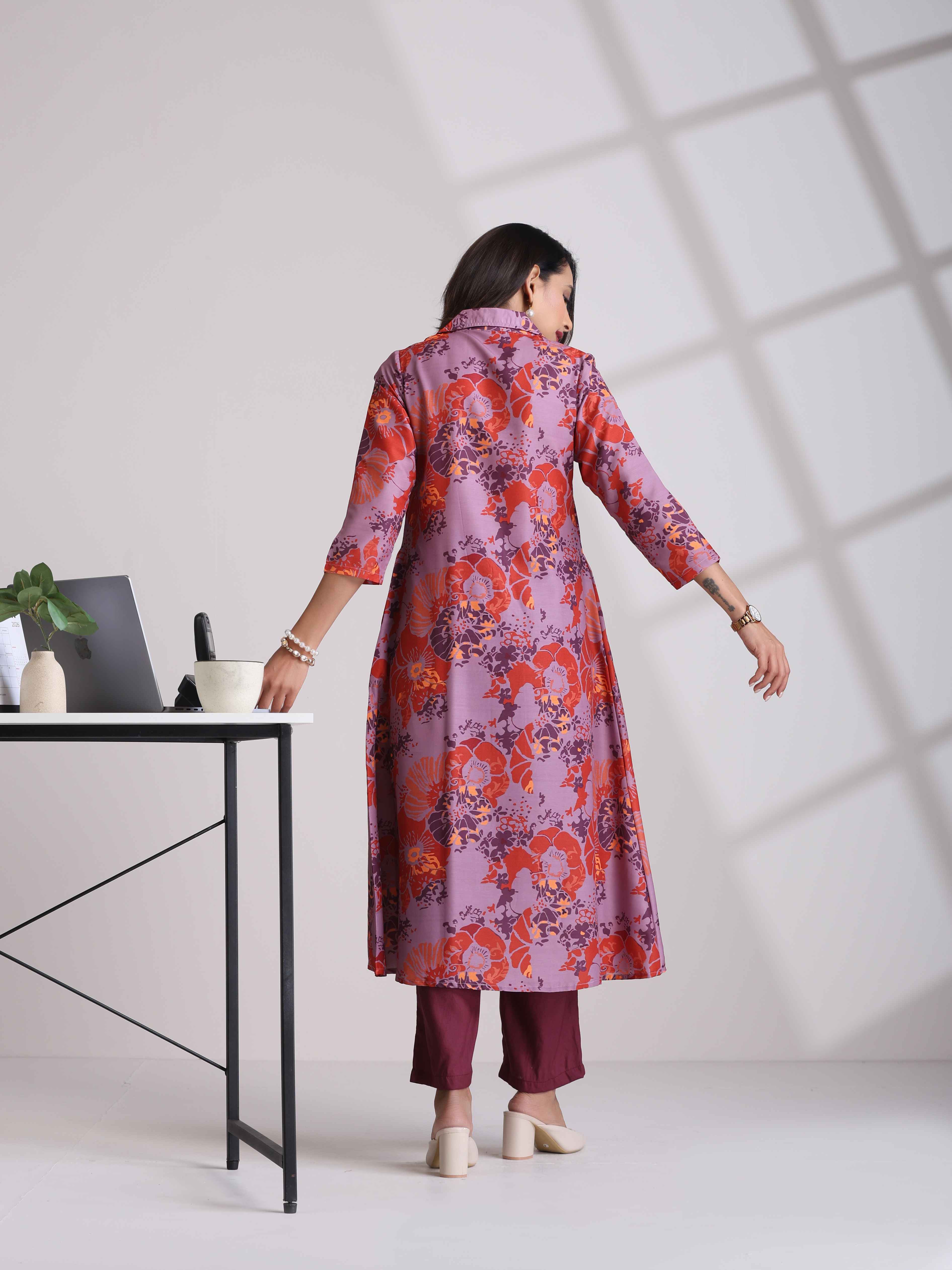 trueBrowns Purple Print Shirt Kurta Set