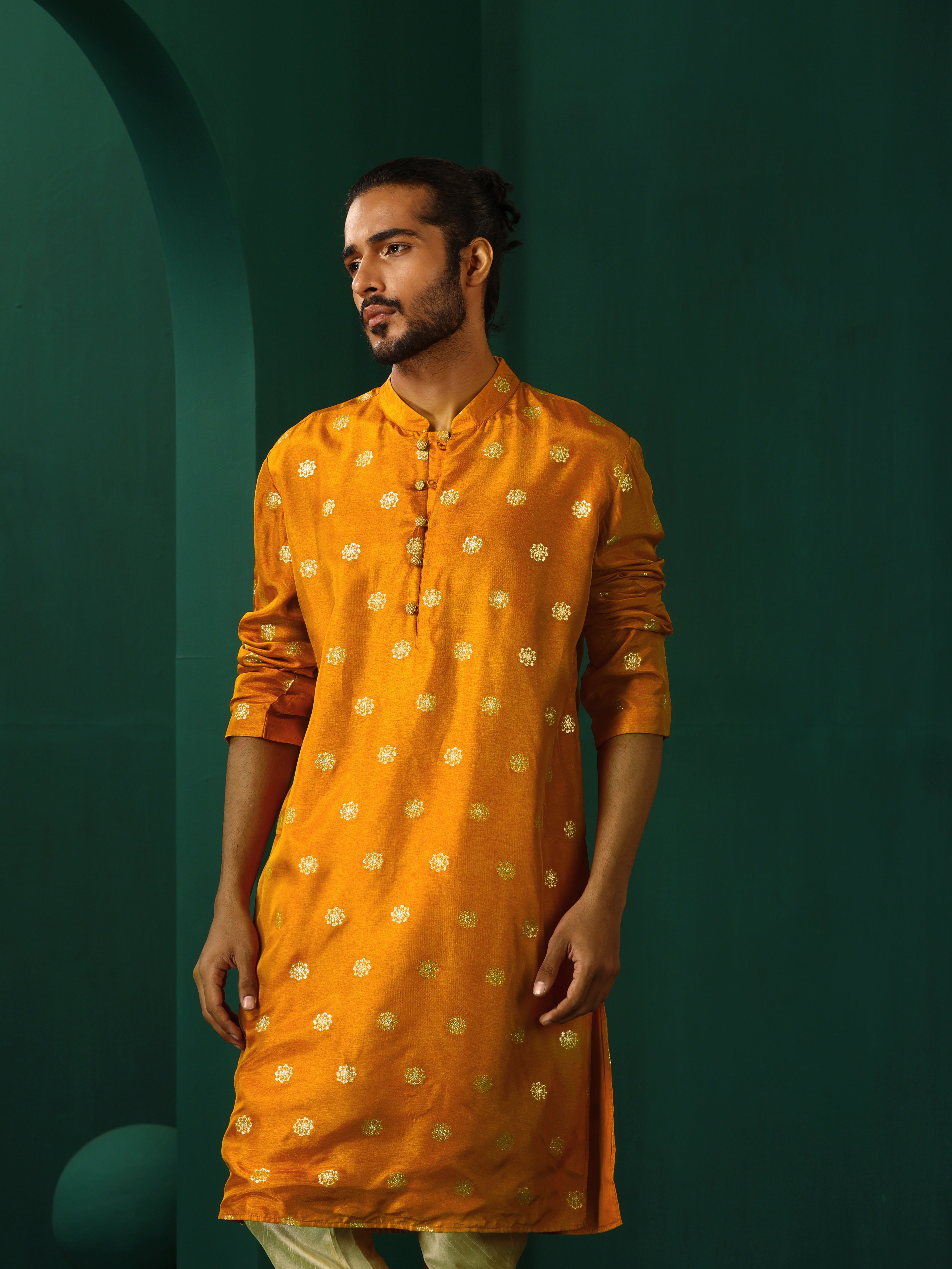 trueBrowns Men's Mustard Geometric Floral Viscose Silk Long Kurta