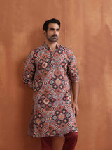 trueBrowns Men's Rust Geometric Printed Kurta